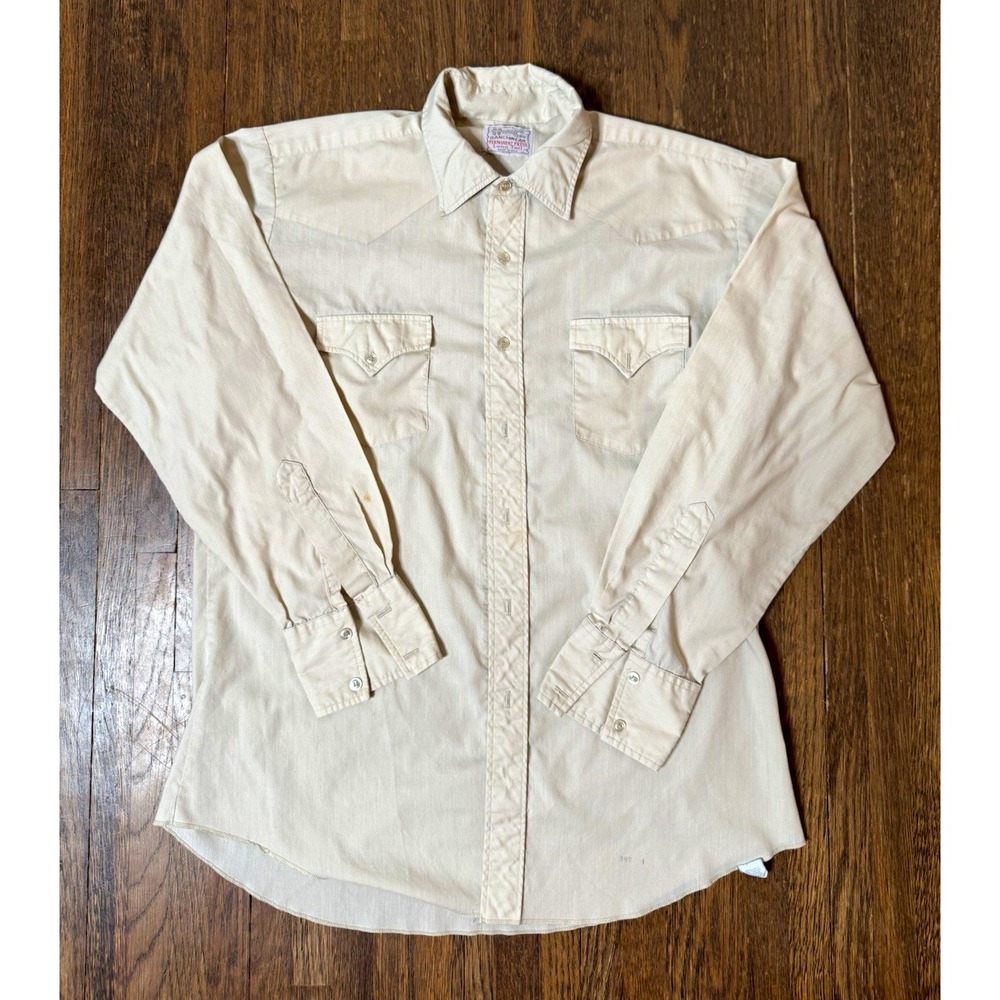 Vintage H Bar C Ranchwear Western Shirt Mens Large Beige PearlSnap Long Tail USA